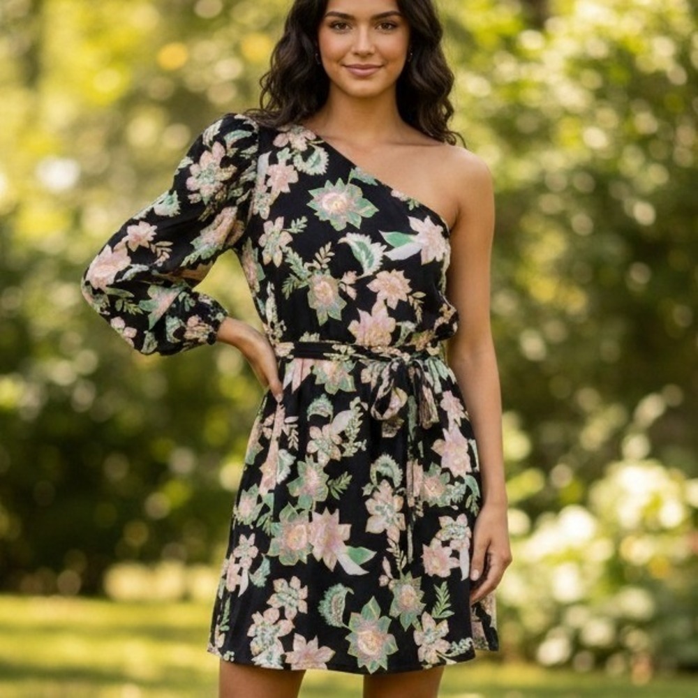 Who What‎ Wear $48 XL Black Pink 1 Shoulder Floral Linen Blend Bishop Belt Dress